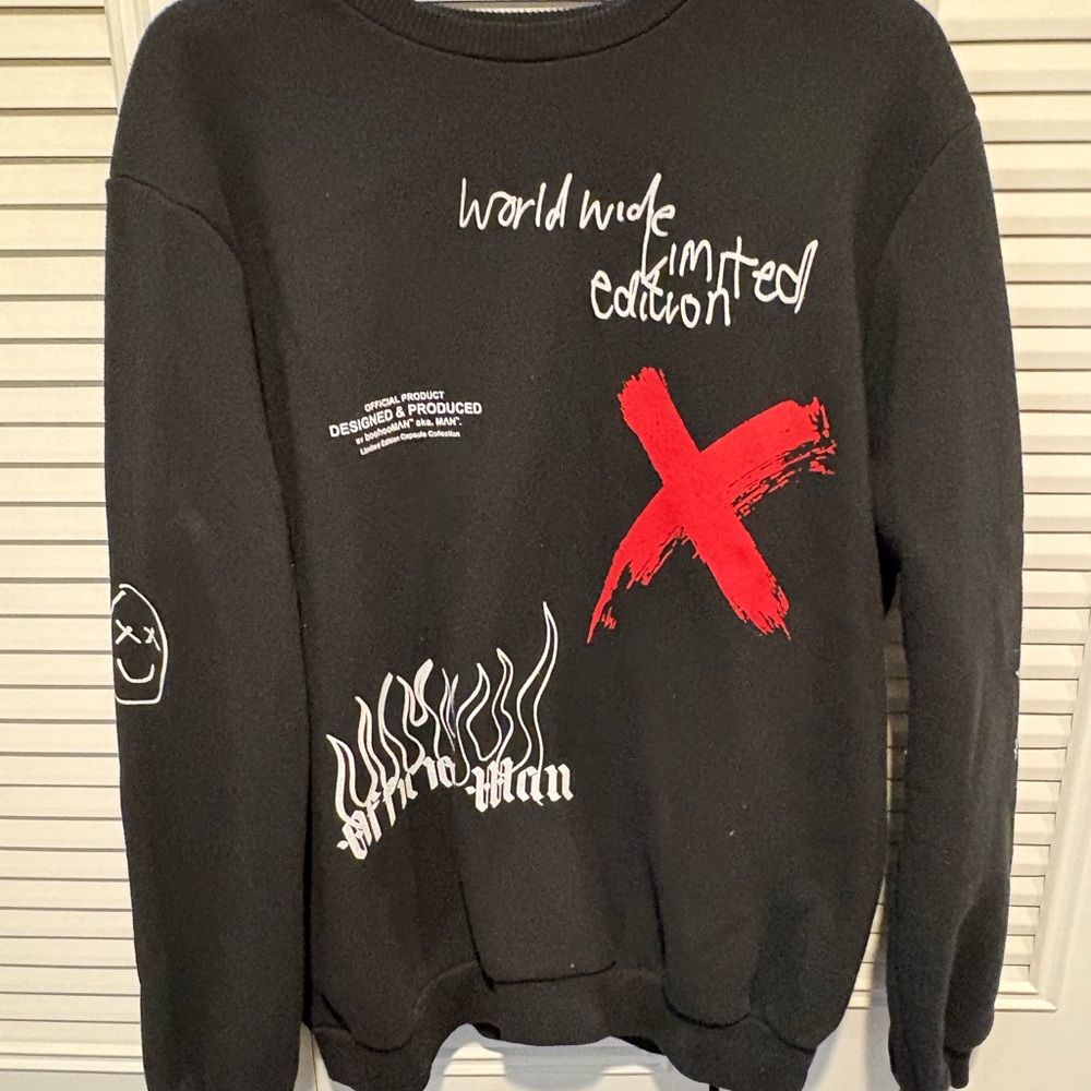 Boohoo Mens Black and Red Graphic Crewneck Sweater